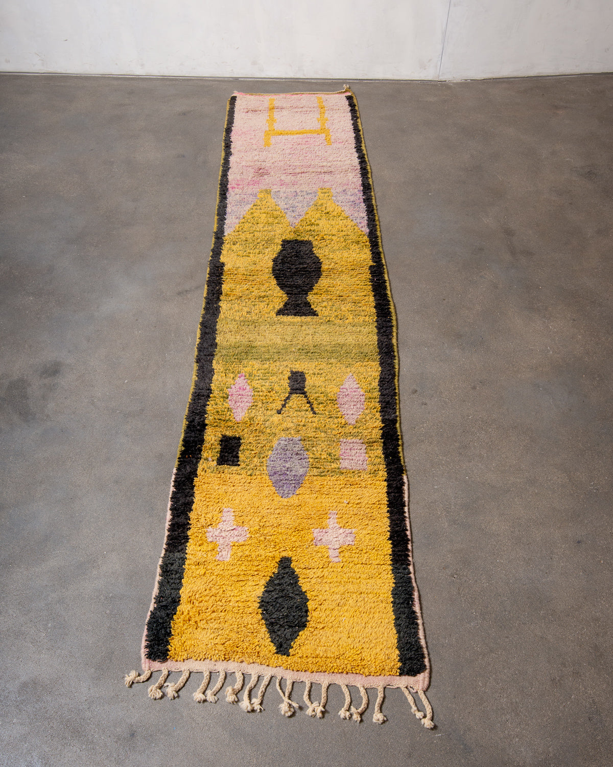 Modern, designer, handcrafted Berber runner rug from Morocco. Vintage carpet with beautiful colours and patterns and fluffy texture.